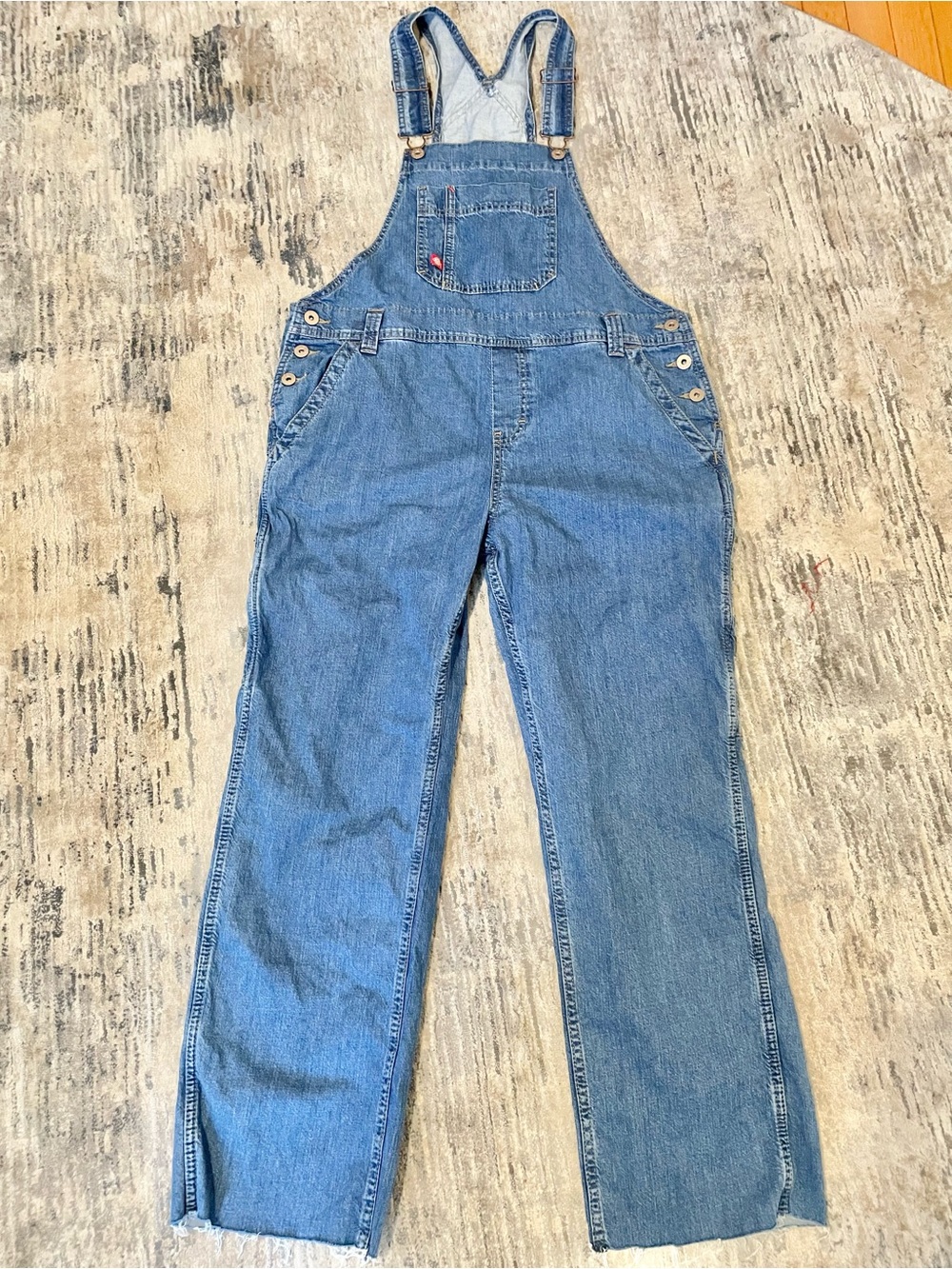 Dickies Blue Denim Overalls Jumpsuit Women’s Carpenter Workwear Raw Hem M- EUC